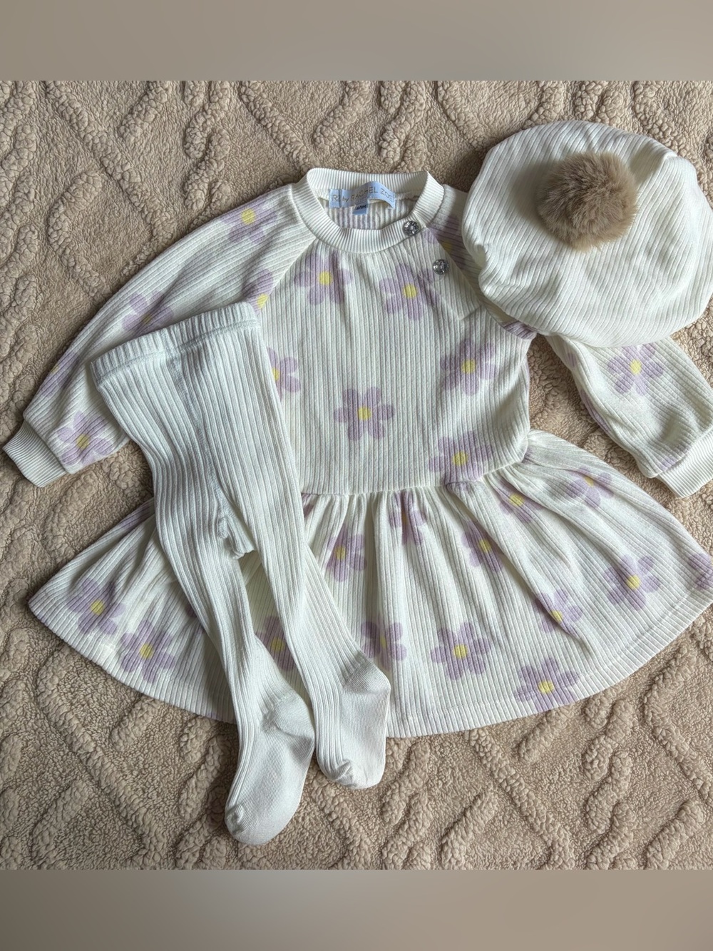 Rachel Zoe Girls 6-9M Dress Set - 3pc Ribbed Floral Sweater Dress Tights & Hat